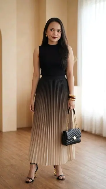 جيبة بليسيه مدرجة من الأسود للبيج